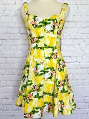 Avec Les Filles Yellow Fruit Print Lemon & Floral Cottagecore Midi Dress